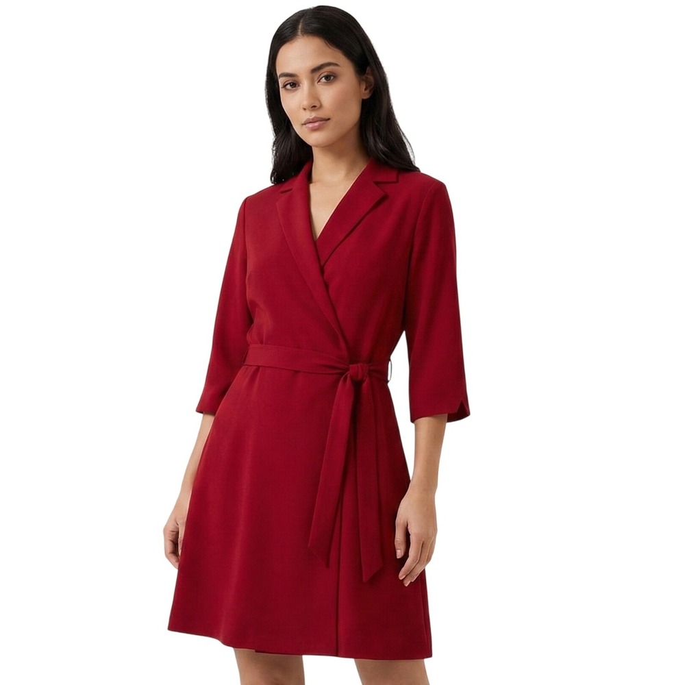 Talbots Dress Womens 12 Red Wrap Belted 3/4 Sleeve Fit Flare Career Office Clean